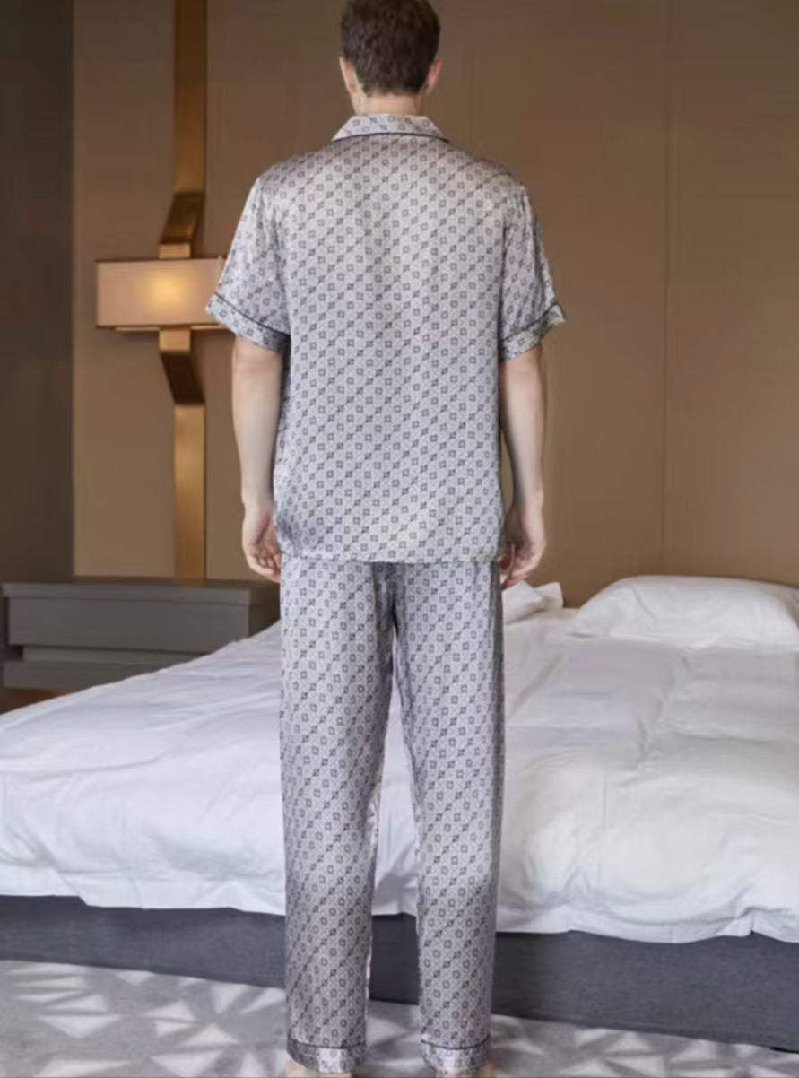 Men's Print 100% Silk Pajamas Set Short Sleeves Silk Sleepwear