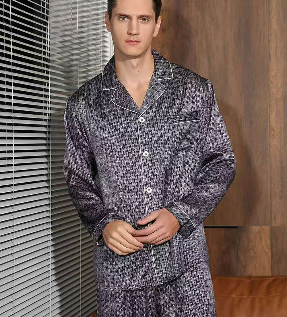 Men's 19MM 100% Silk Pajamas Set Print Silk Sleepwear