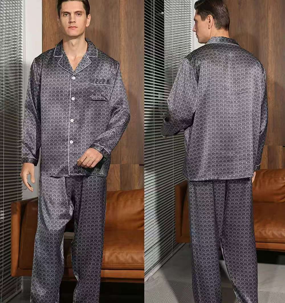 Men's 19MM 100% Silk Pajamas Set Print Silk Sleepwear