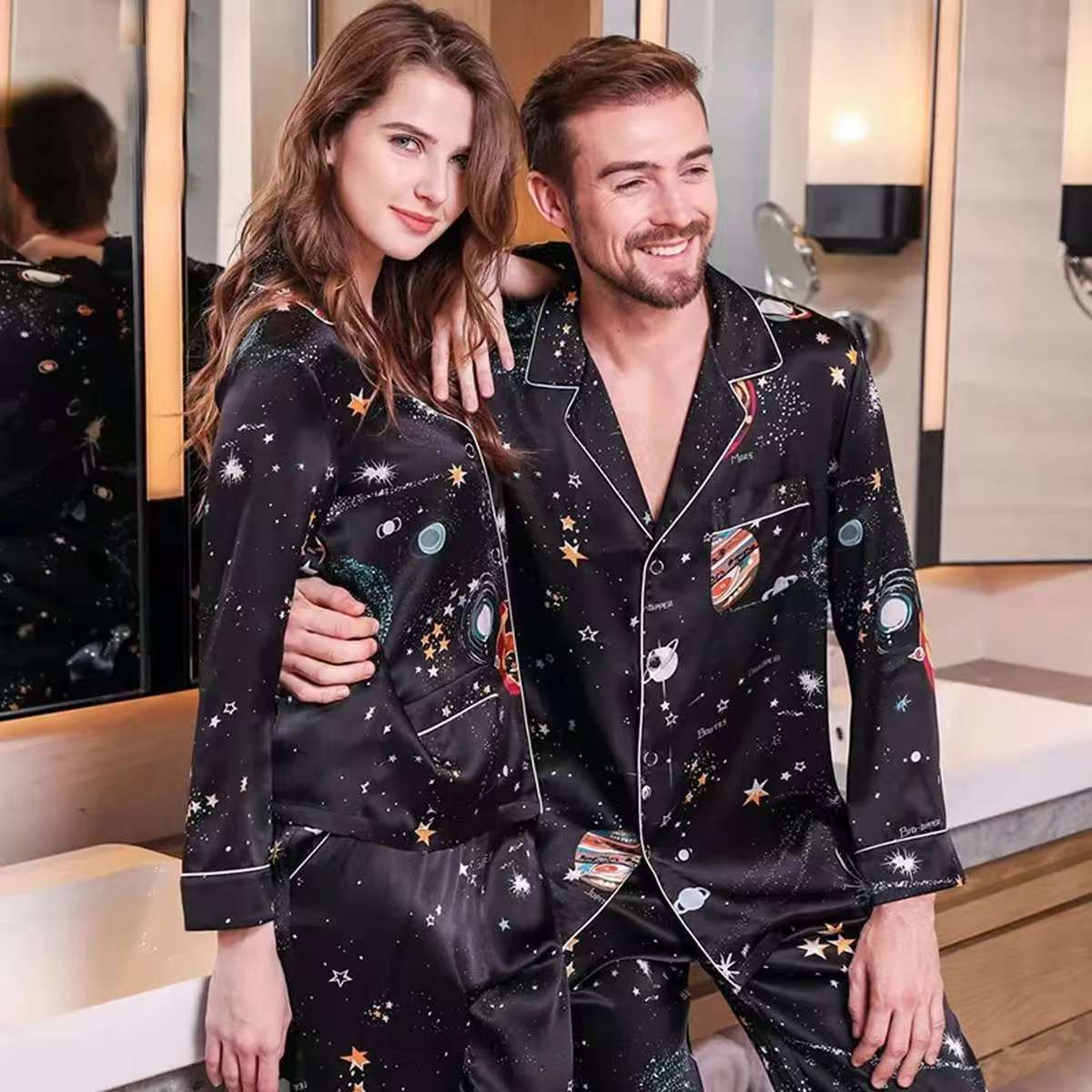 Men's 100% Silk Pajamas Set Print Silk Sleepwear