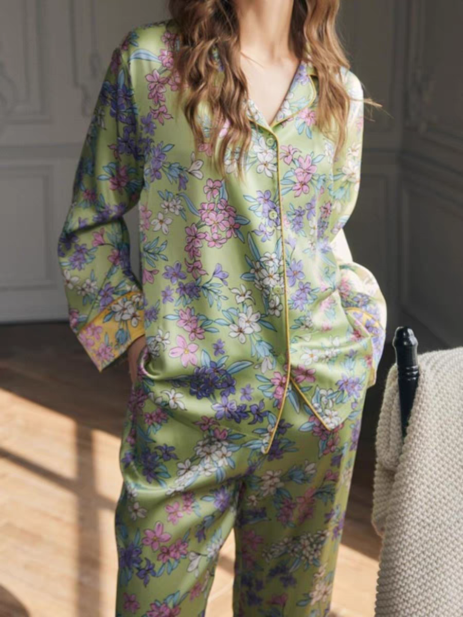 Women's 19MM 100% Silk Pajamas Set Print Silk Sleepwear