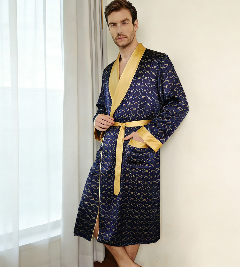 Luxury Men's Silk Robe | Navy & Gold Geometric Print