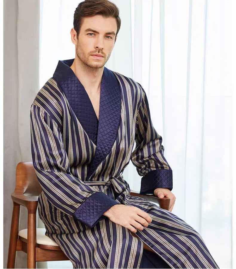 Men's 100% Mulberry Silk Dressing Gown Navy Striped