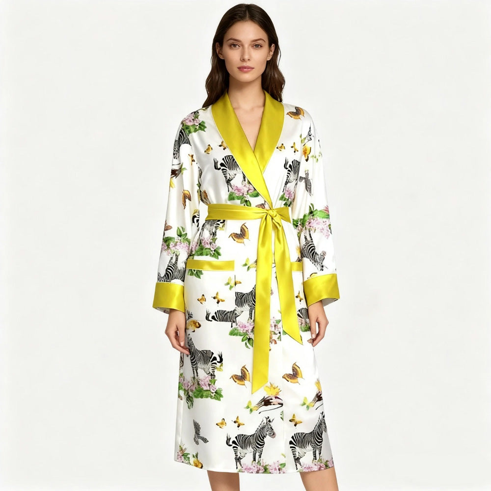 Women's 19 Momme Mulberry Silk Kimono Robe Zebra Floral Printed Long Sleep Robe
