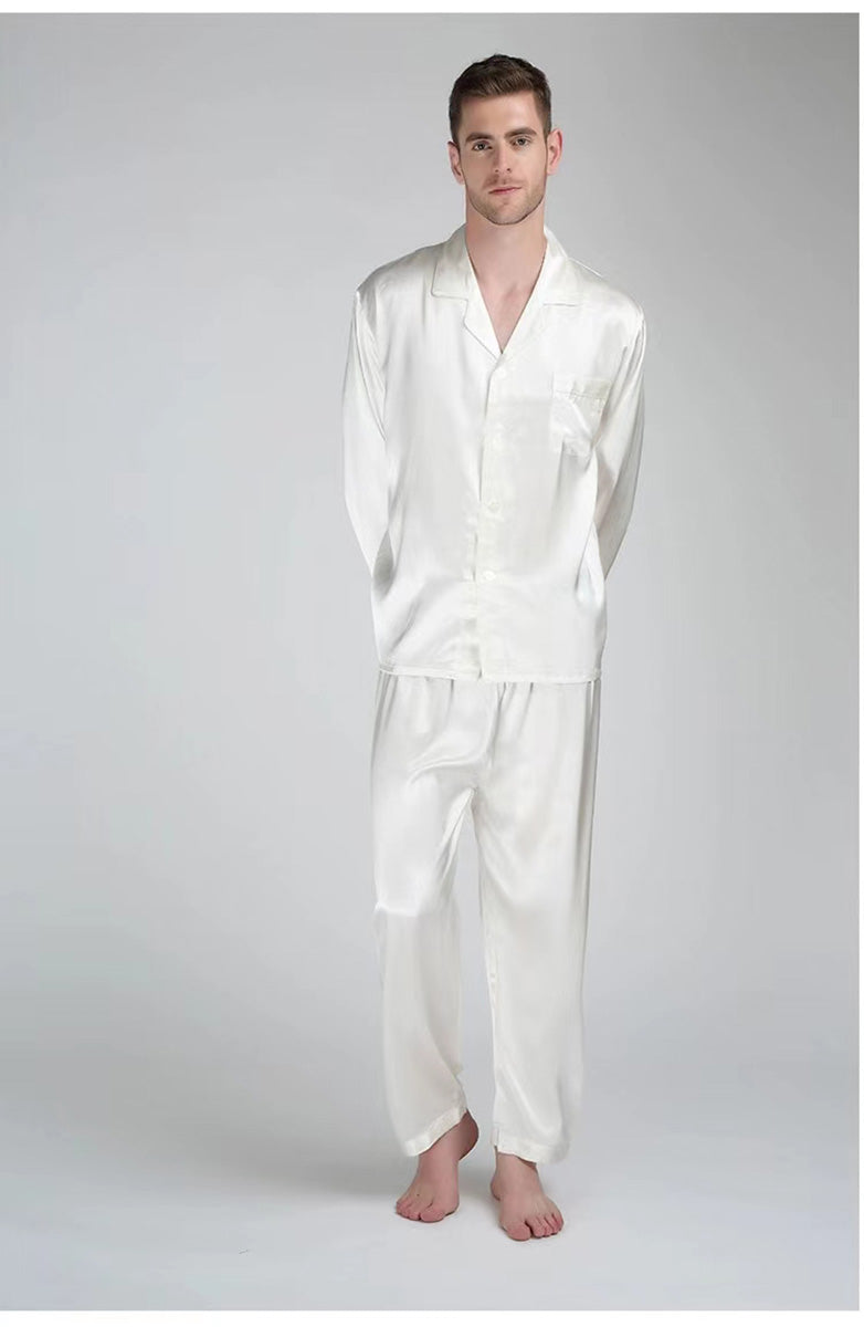 Men's Heavy Weight 30MM 100% Silk Pajamas Set Silk Sleepwear Size S M L XL Ivory