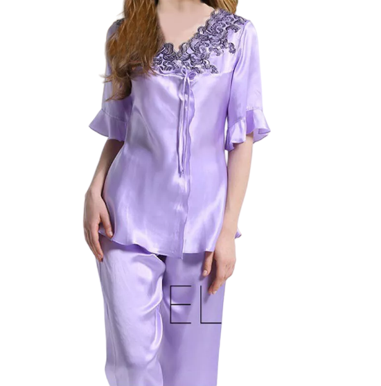 Women's 100% Pure Mulberry Silk Pajamas Set Lacy Silk Sleepwear Lilac