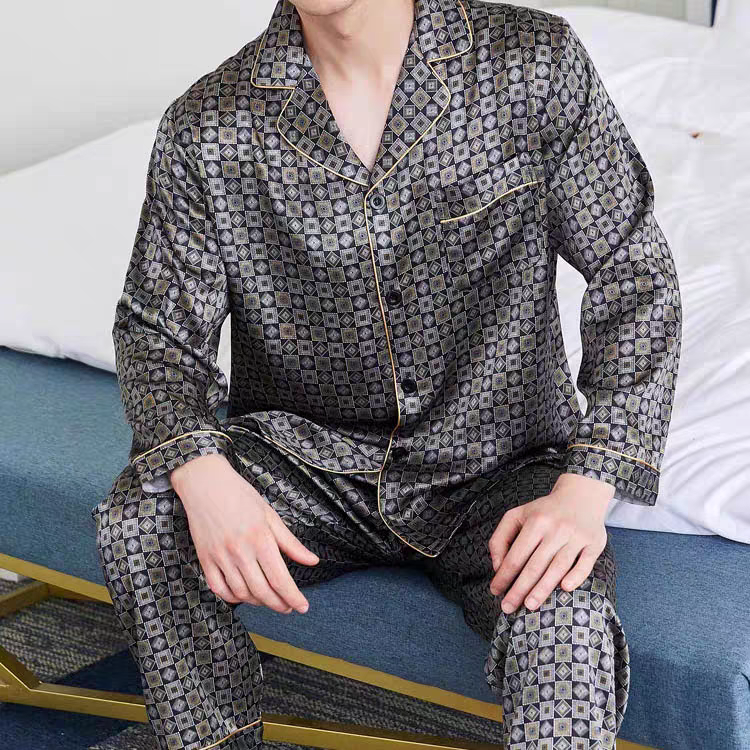 NEW Men's 19MM 100% Silk Pajamas Set Print Silk Sleepwear S M L XL Dark Grey