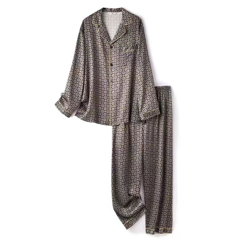 NEW Men's 19MM 100% Silk Pajamas Set Print Silk Sleepwear S M L XL Dark Grey