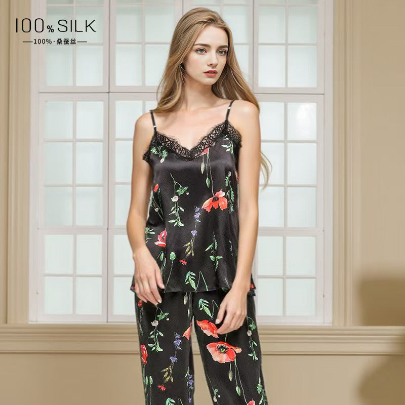 New Women's 100% Mulberry Silk Pajamas Sets Ladies Silk Sleepwear Nightwear