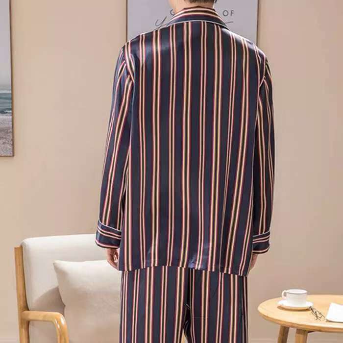 Men's 19MM 100% Silk Pajamas Set Long Sleeves Silk Sleepwear Striped S M L