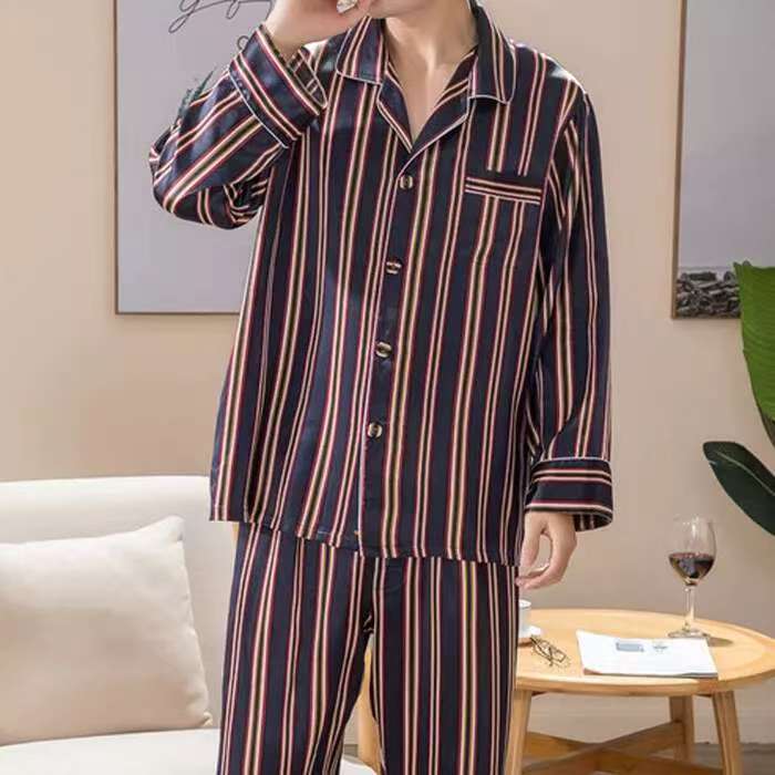 Men's 19MM 100% Silk Pajamas Set Long Sleeves Silk Sleepwear Striped S M L