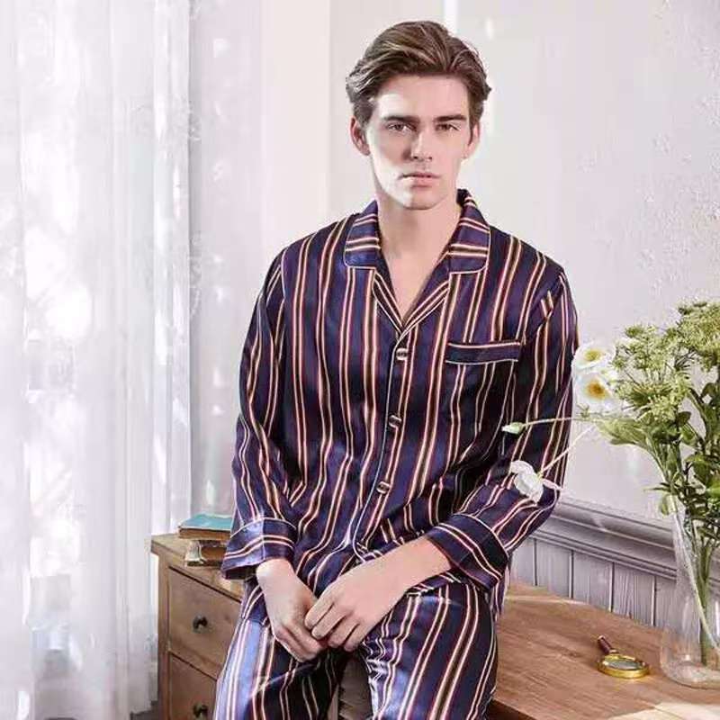 Men's 19MM 100% Silk Pajamas Set Long Sleeves Silk Sleepwear Striped S M L