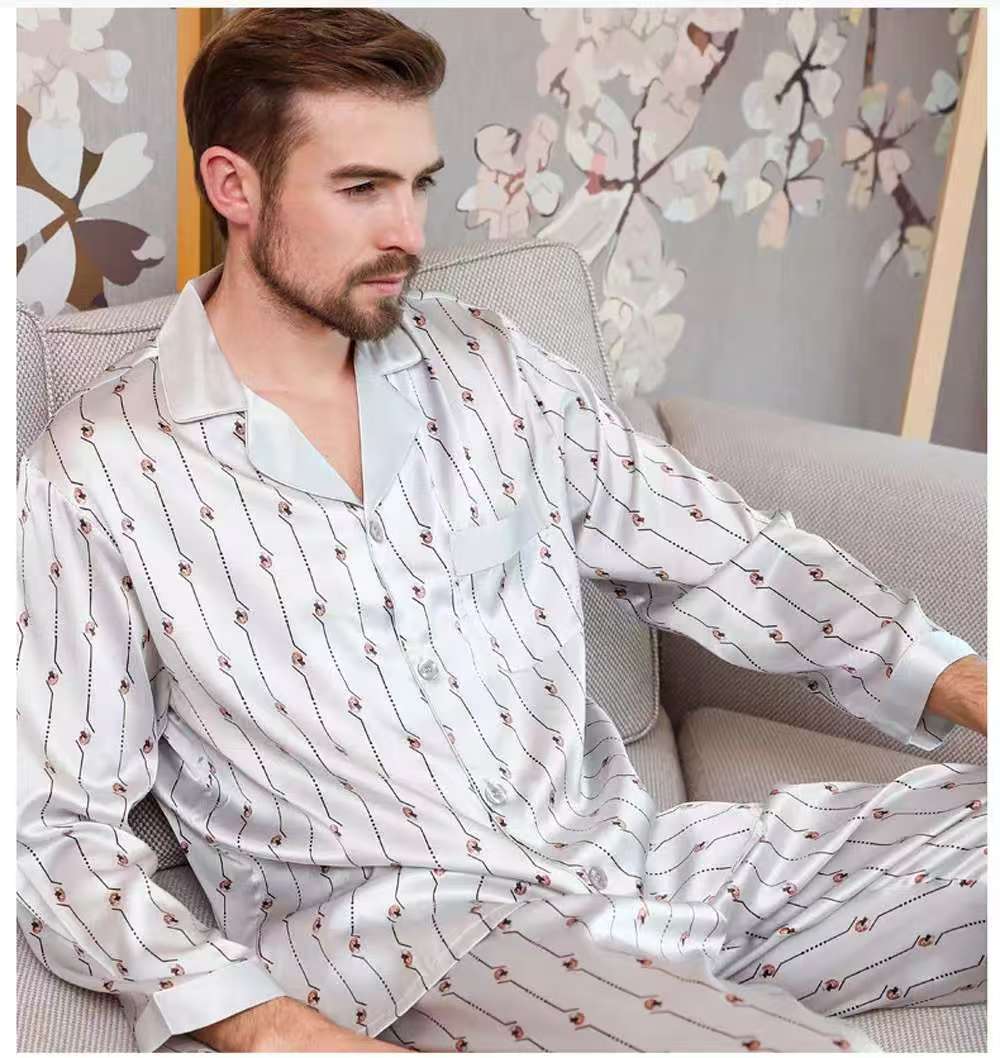 Men's 100% Mulberry Silk Pajamas Set Long Sleeves Print Silk Sleepwear S M L