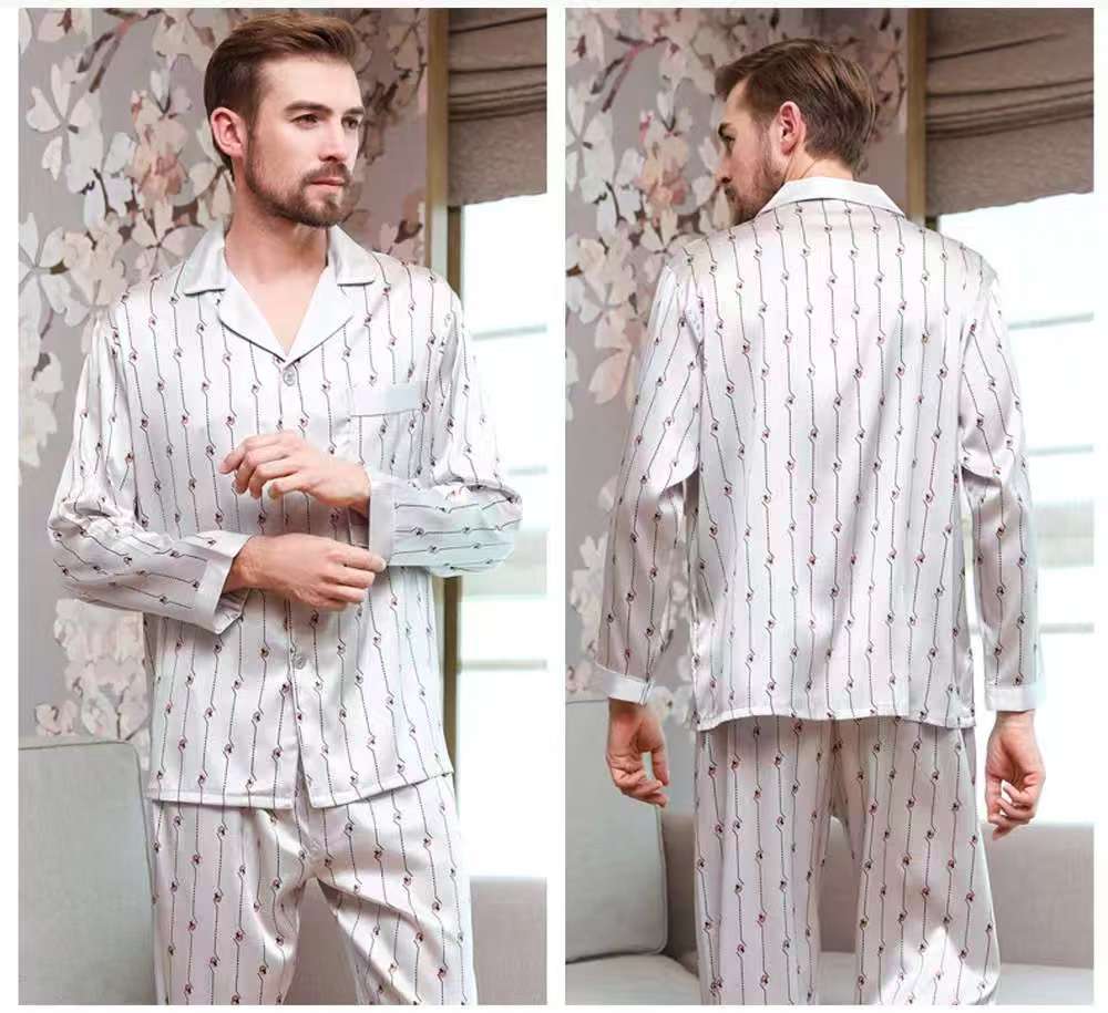 Men's 100% Mulberry Silk Pajamas Set Long Sleeves Print Silk Sleepwear S M L