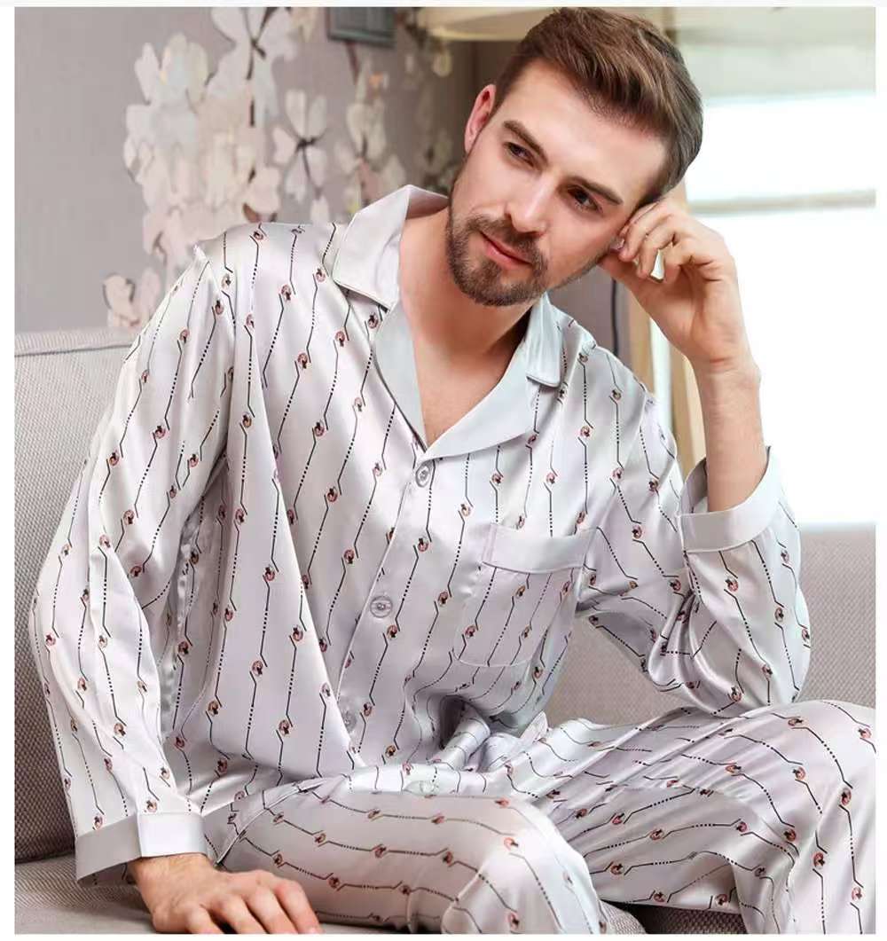 Men's 100% Mulberry Silk Pajamas Set Long Sleeves Print Silk Sleepwear S M L