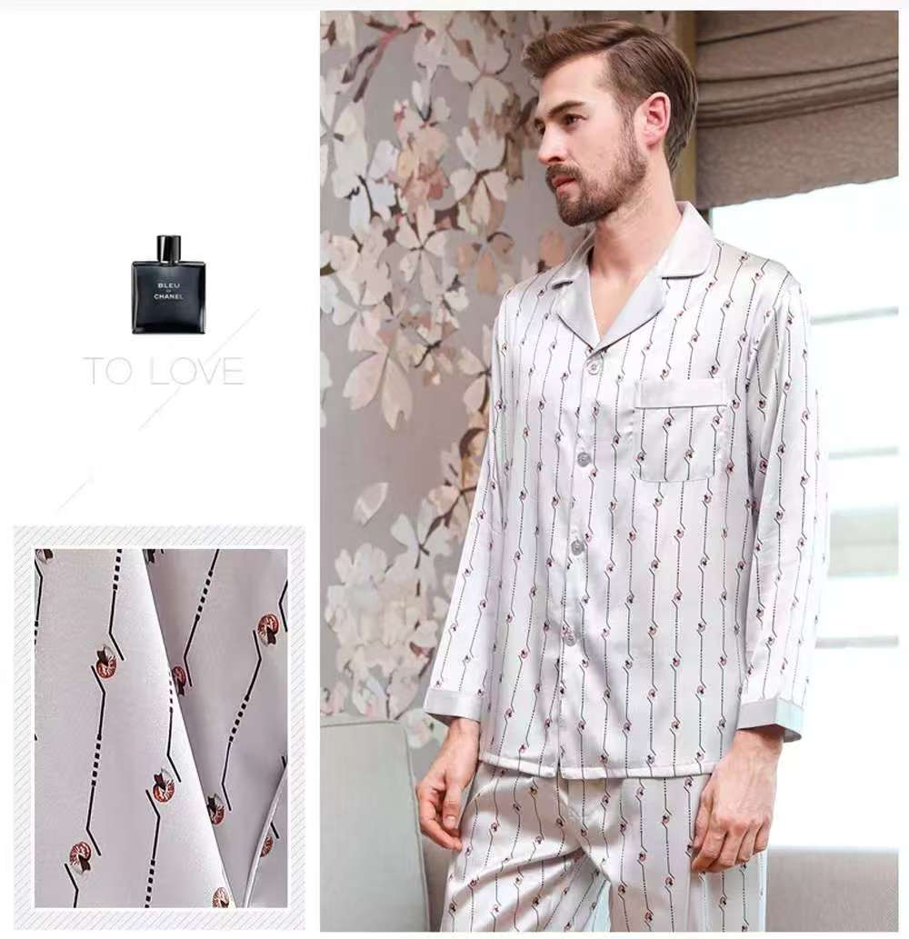 Men's 100% Mulberry Silk Pajamas Set Long Sleeves Print Silk Sleepwear S M L