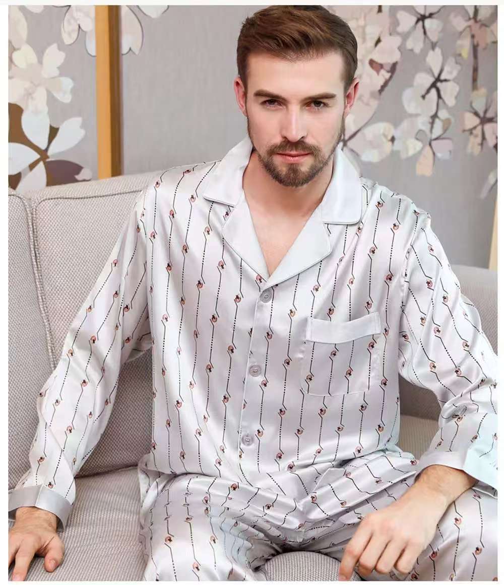 Men's 100% Mulberry Silk Pajamas Set Long Sleeves Print Silk Sleepwear S M L