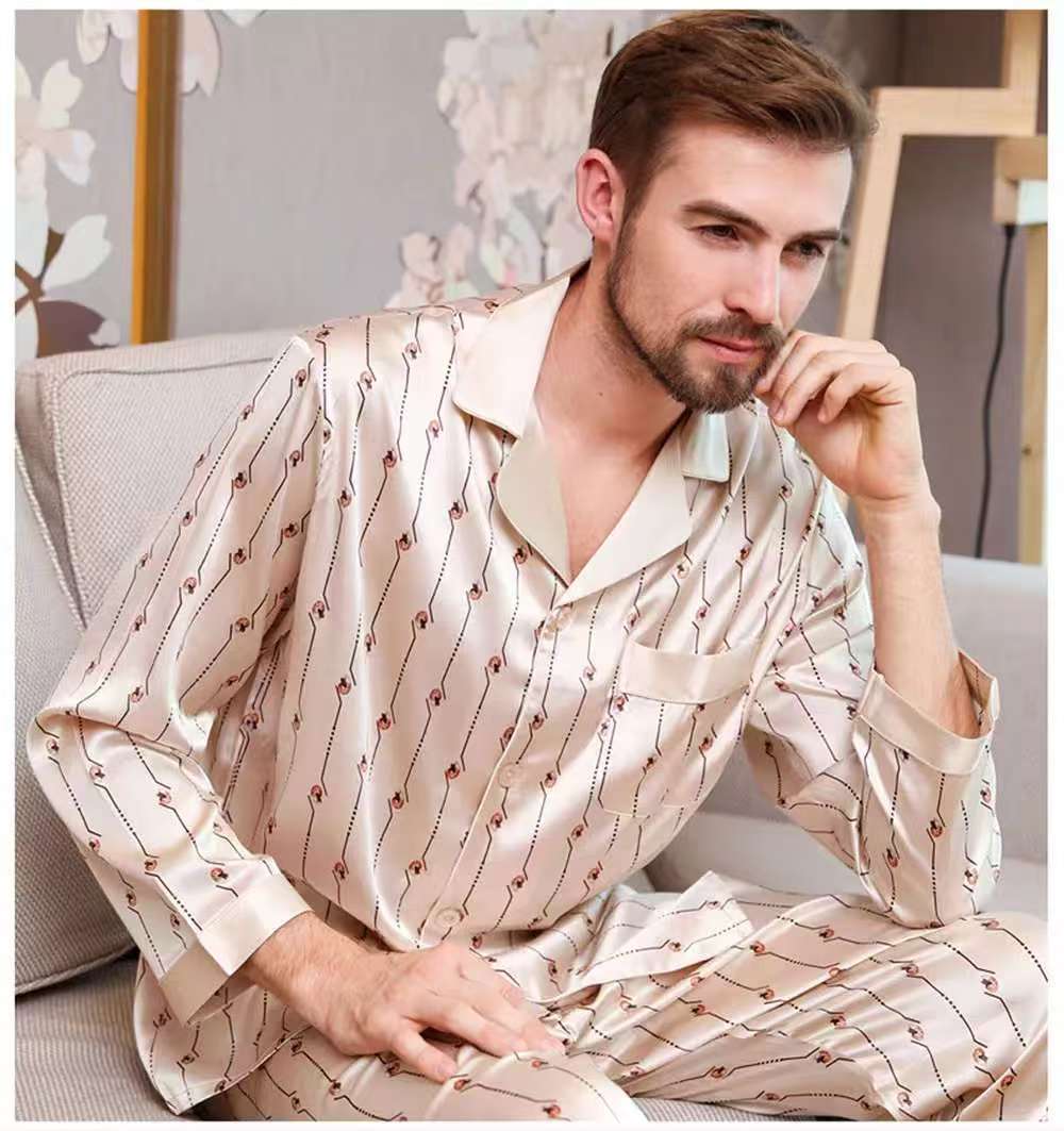 Men's 100% Mulberry Silk Pajamas Set Long Sleeves Print Silk Sleepwear S M L