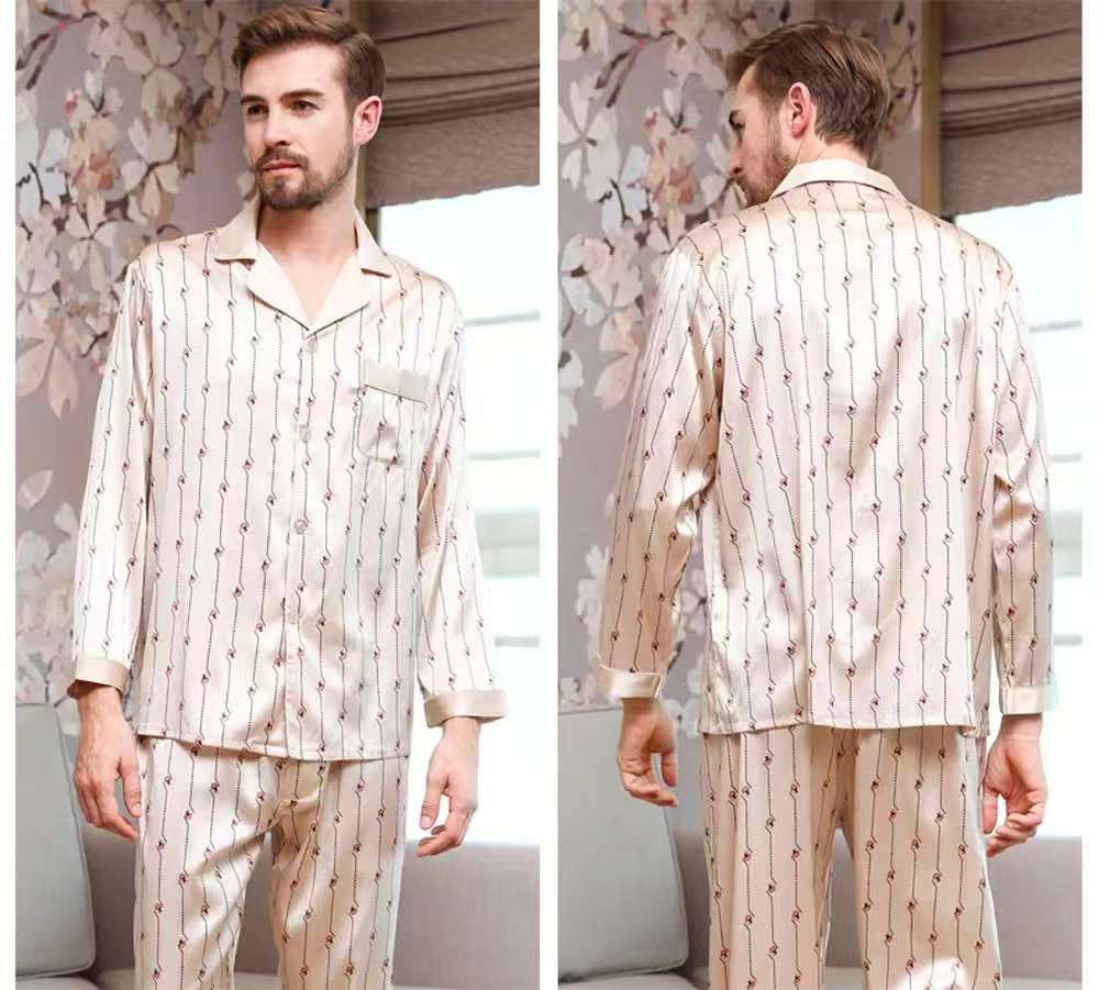 Men's 100% Mulberry Silk Pajamas Set Long Sleeves Print Silk Sleepwear S M L