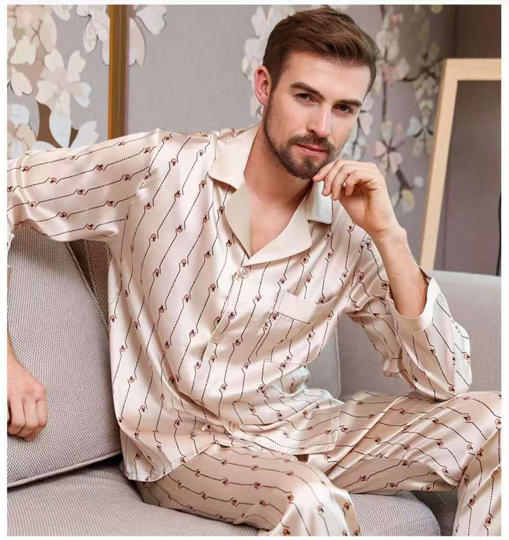 Men's 100% Mulberry Silk Pajamas Set Long Sleeves Print Silk Sleepwear S M L