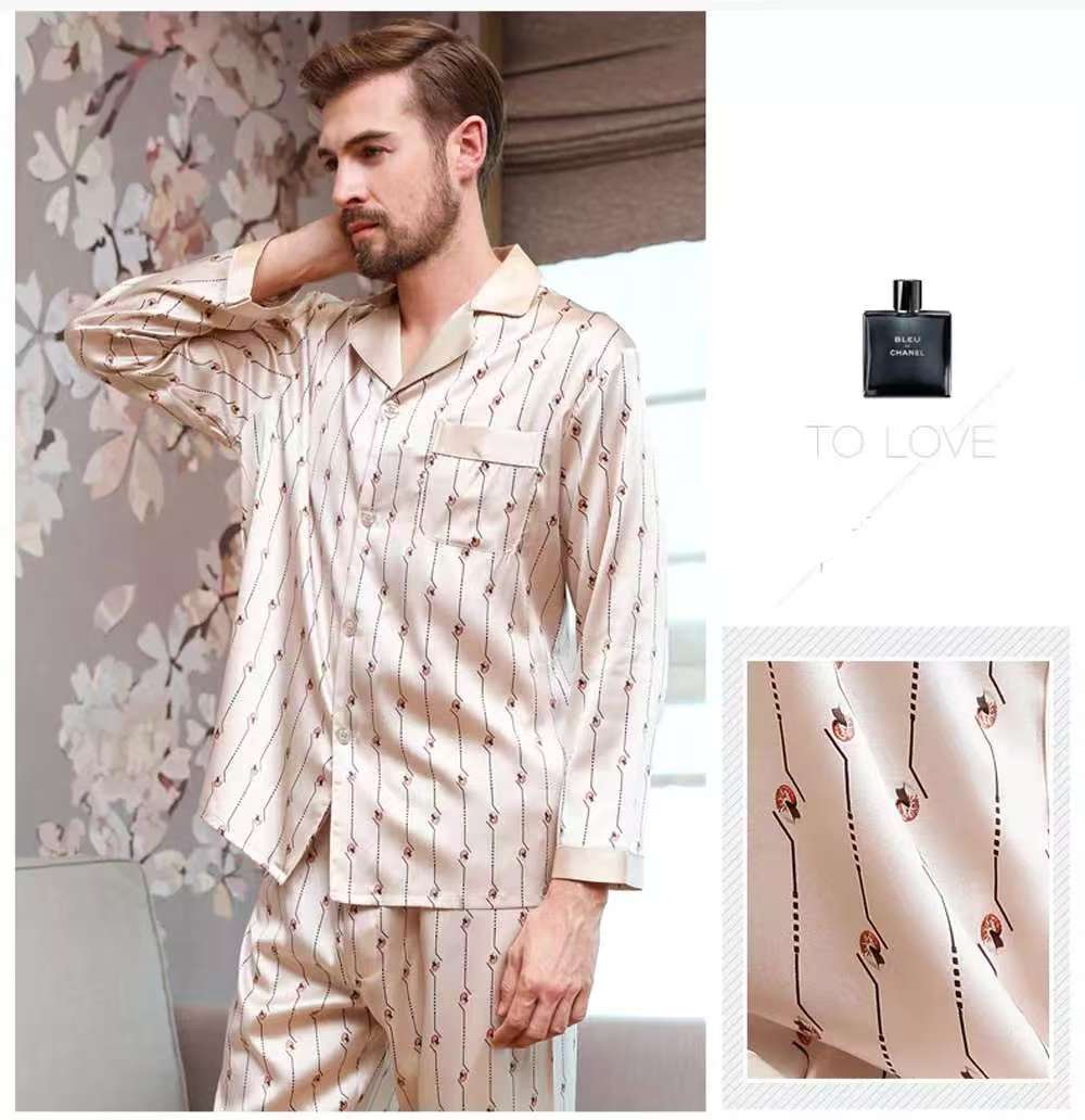 Men's 100% Mulberry Silk Pajamas Set Long Sleeves Print Silk Sleepwear S M L