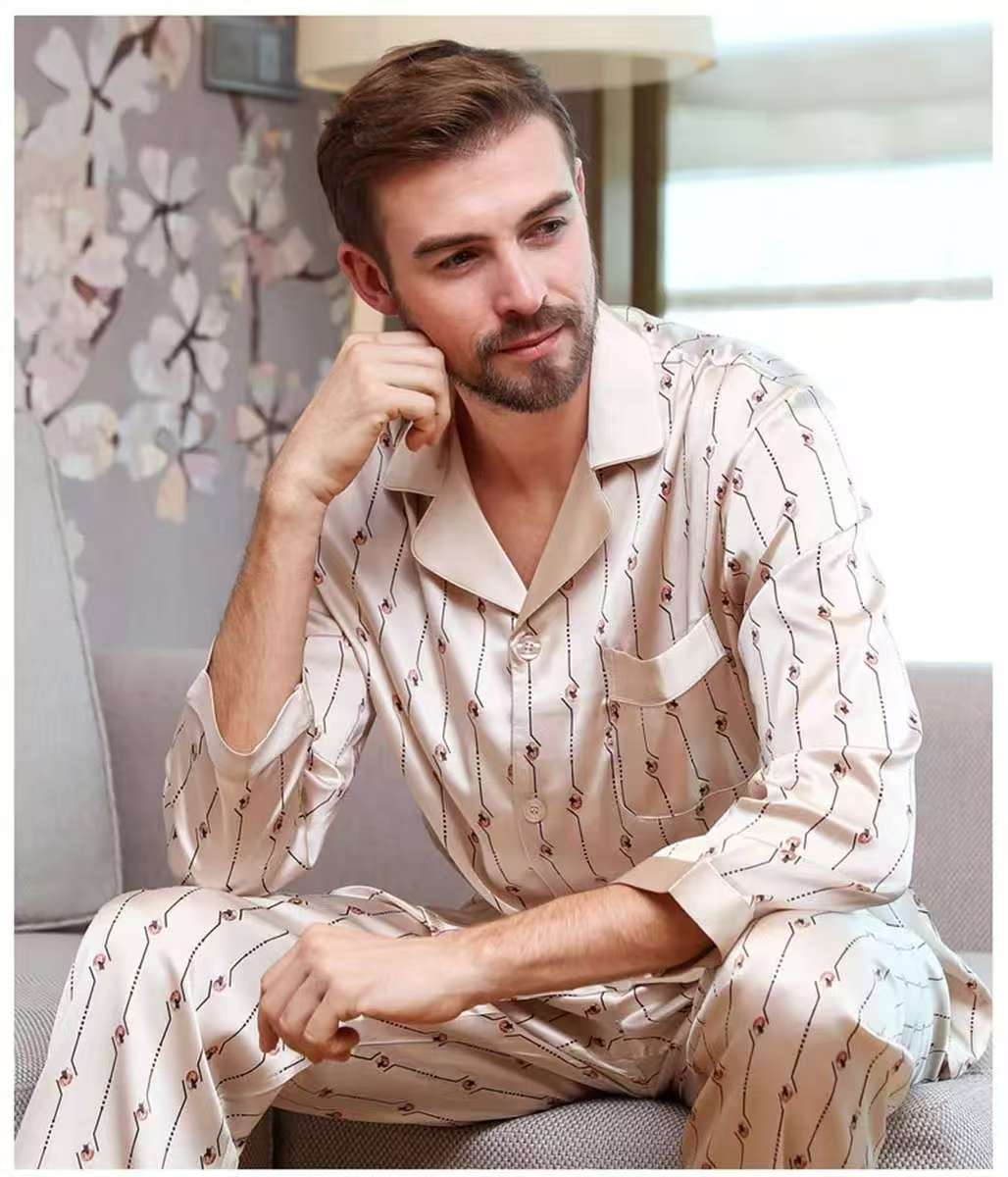 Men's 100% Mulberry Silk Pajamas Set Long Sleeves Print Silk Sleepwear S M L