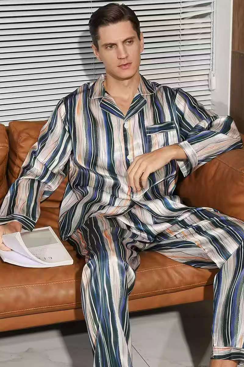 Men's 19MM 100% Silk Pajamas Set Long Sleeves Silk Sleepwear Striped S M L XL