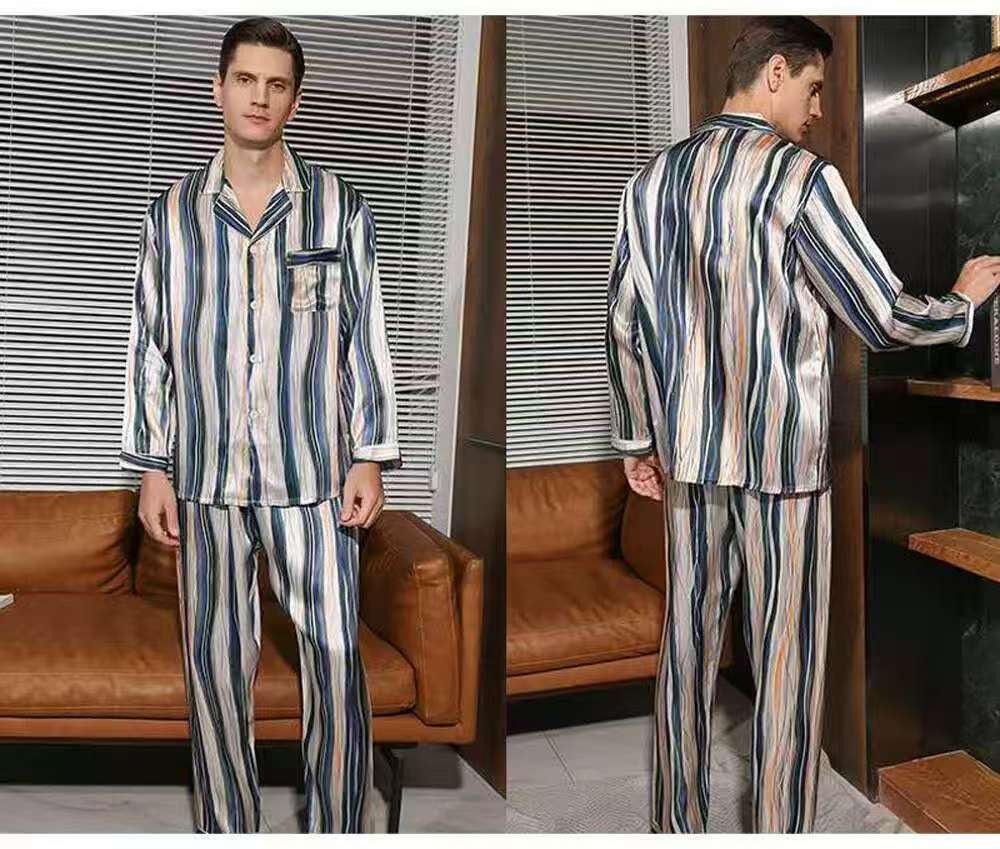 Men's 19MM 100% Silk Pajamas Set Long Sleeves Silk Sleepwear Striped S M L XL