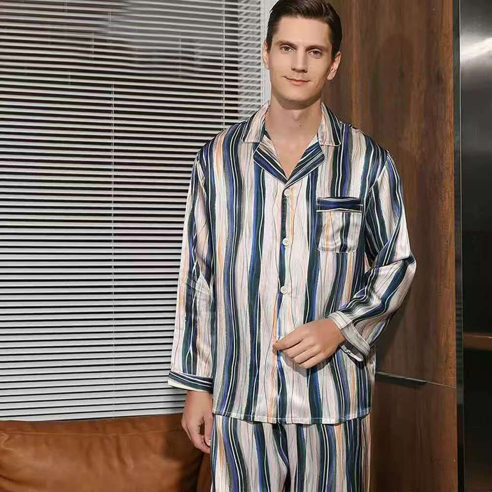 Men's 19MM 100% Silk Pajamas Set Long Sleeves Silk Sleepwear Striped S M L XL