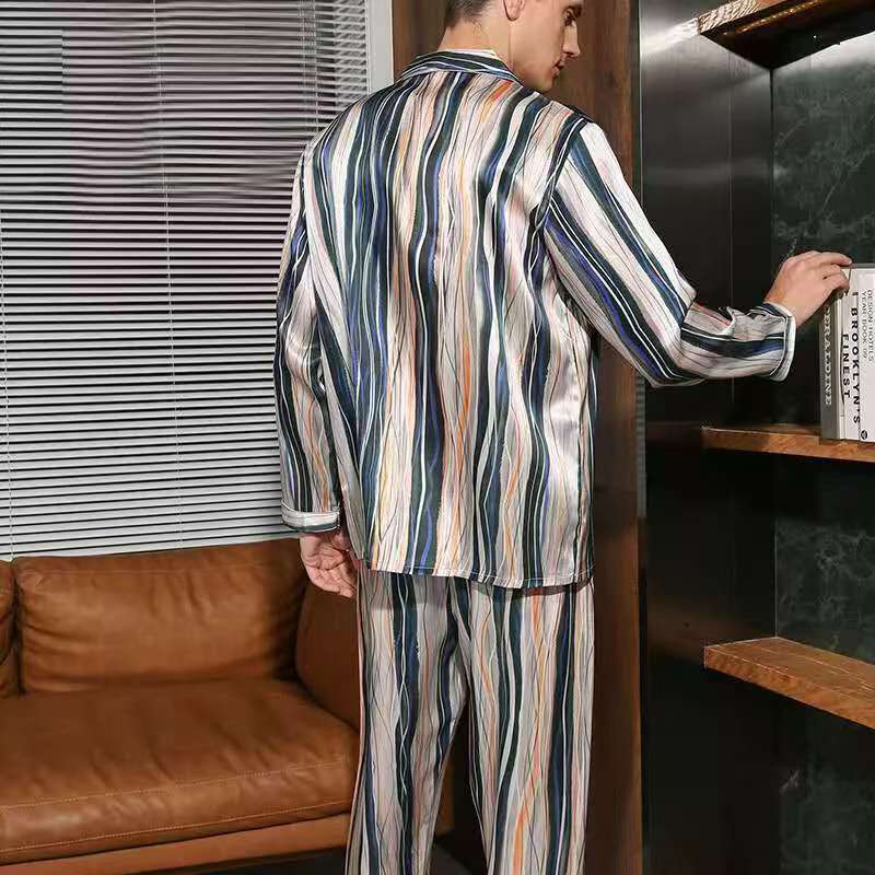 Men's 19MM 100% Silk Pajamas Set Long Sleeves Silk Sleepwear Striped S M L XL