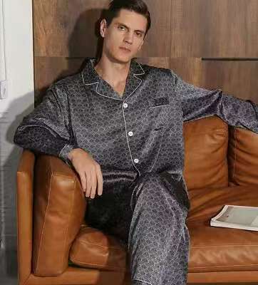 NEW Men's 19MM 100% Silk Pajamas Set Print Silk Sleepwear S M L XL