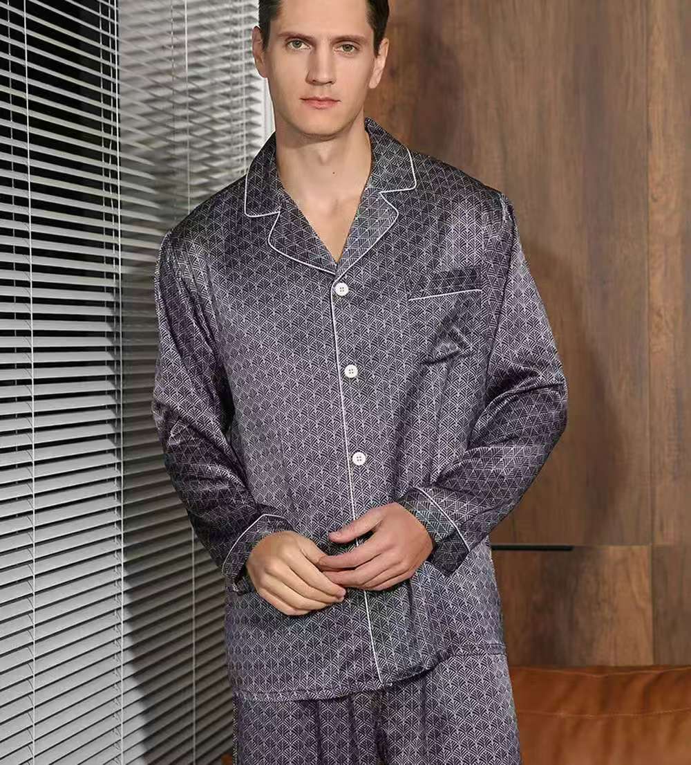 NEW Men's 19MM 100% Silk Pajamas Set Print Silk Sleepwear S M L XL