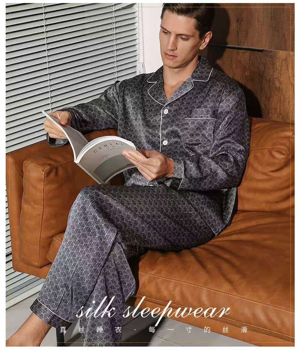 NEW Men's 19MM 100% Silk Pajamas Set Print Silk Sleepwear S M L XL