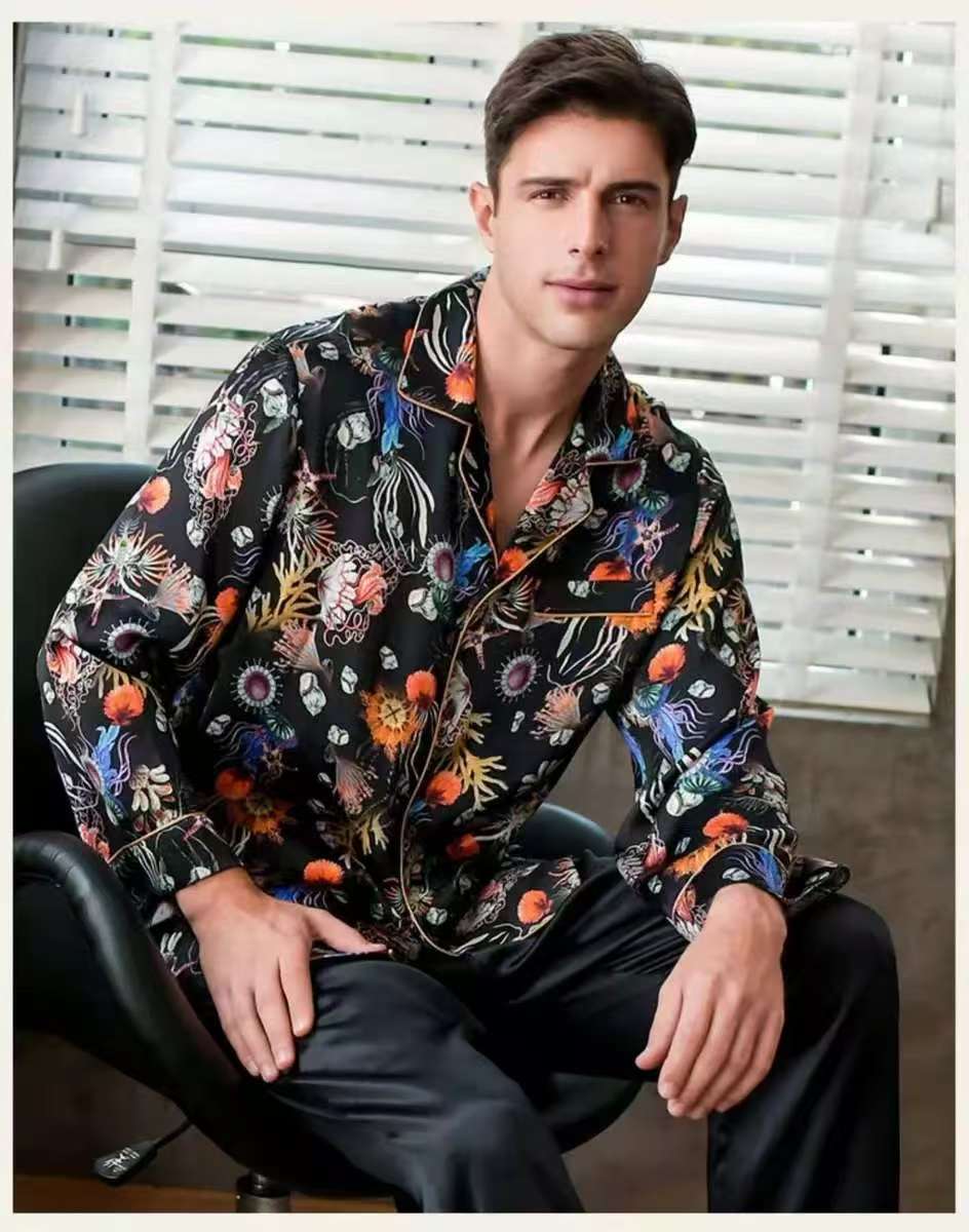 Men's 19MM 100% Pure Mulberry Silk Pajamas Set Print Silk Sleepwear Black M L XL