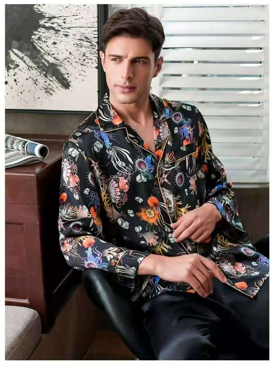 Men's 19MM 100% Pure Mulberry Silk Pajamas Set Print Silk Sleepwear Black M L XL