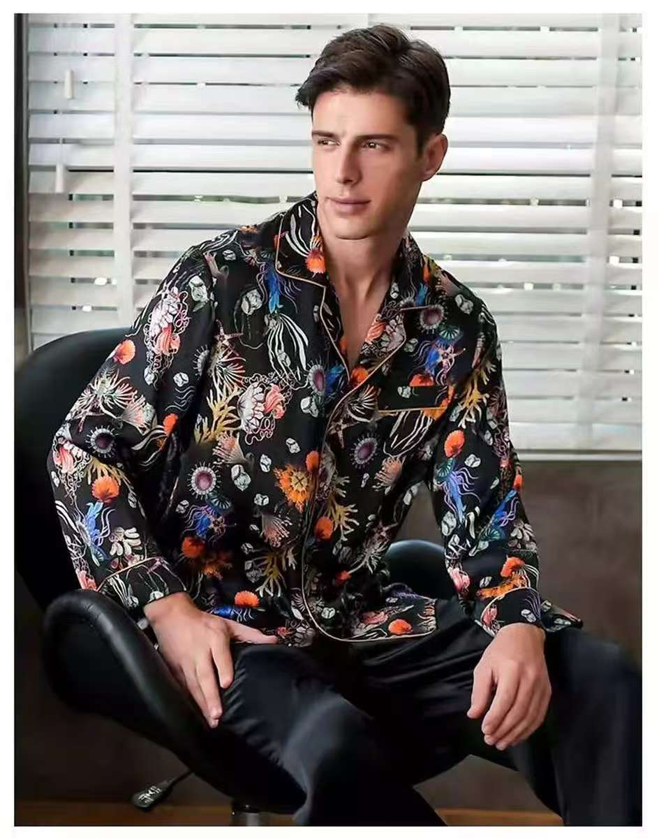 Men's 19MM 100% Pure Mulberry Silk Pajamas Set Print Silk Sleepwear Black M L XL