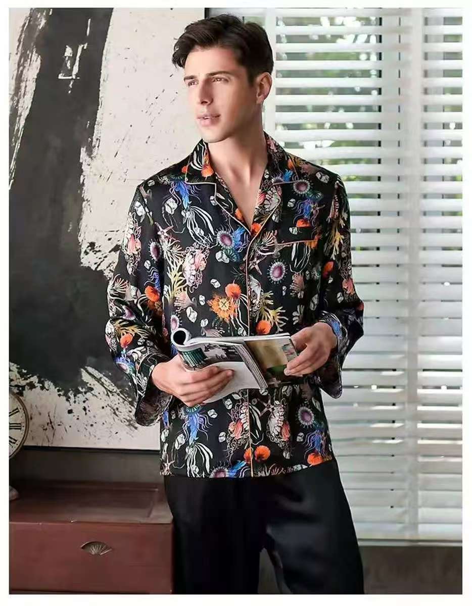 Men's 19MM 100% Pure Mulberry Silk Pajamas Set Print Silk Sleepwear Black M L XL