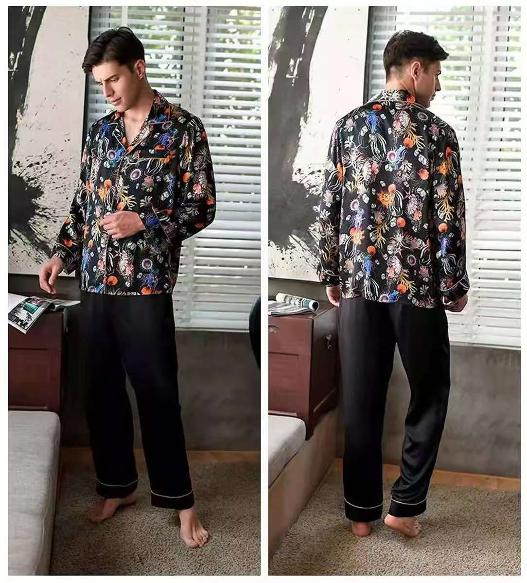 Men's 19MM 100% Pure Mulberry Silk Pajamas Set Print Silk Sleepwear Black M L XL