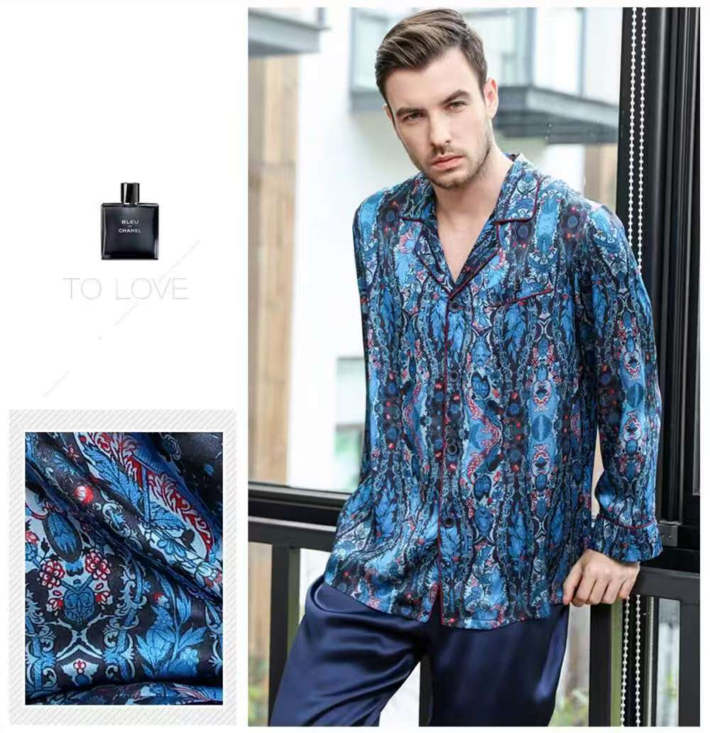 Men's 19MM 100% Pure Mulberry Silk Pajamas Set Print Silk Sleepwear Navy M L XL