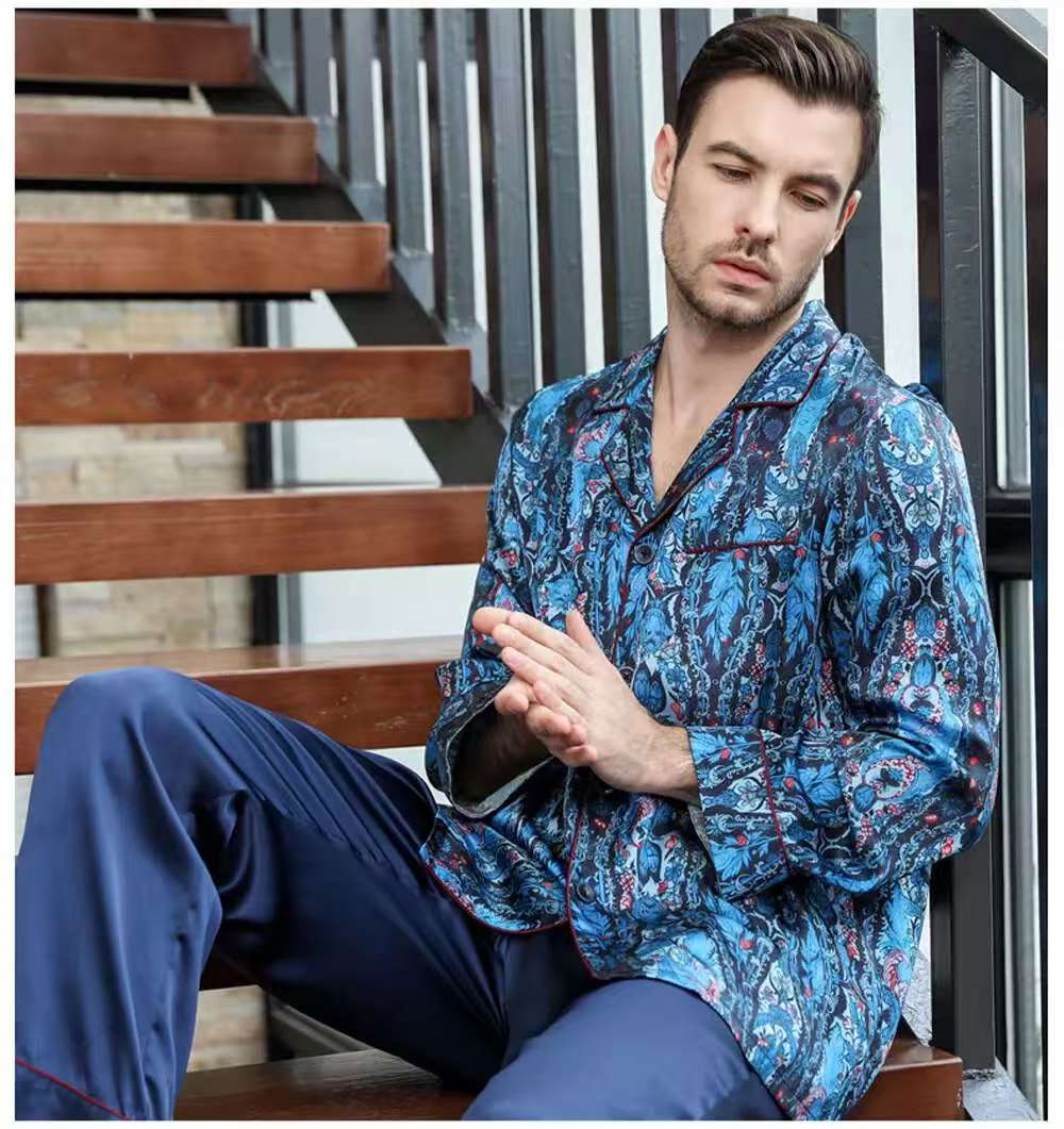 Men's 19MM 100% Pure Mulberry Silk Pajamas Set Print Silk Sleepwear Navy M L XL