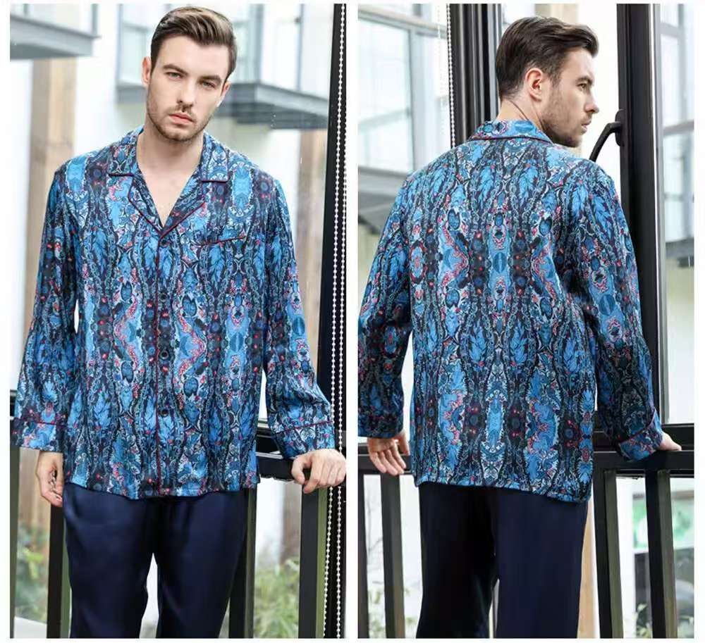 Men's 19MM 100% Pure Mulberry Silk Pajamas Set Print Silk Sleepwear Navy M L XL