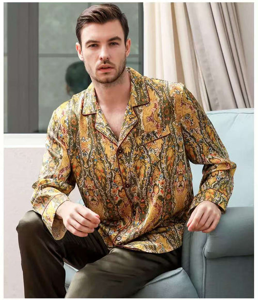 Men's 19MM 100% Pure Mulberry Silk Pajamas Set Print Silk Sleepwear Gold M L XL