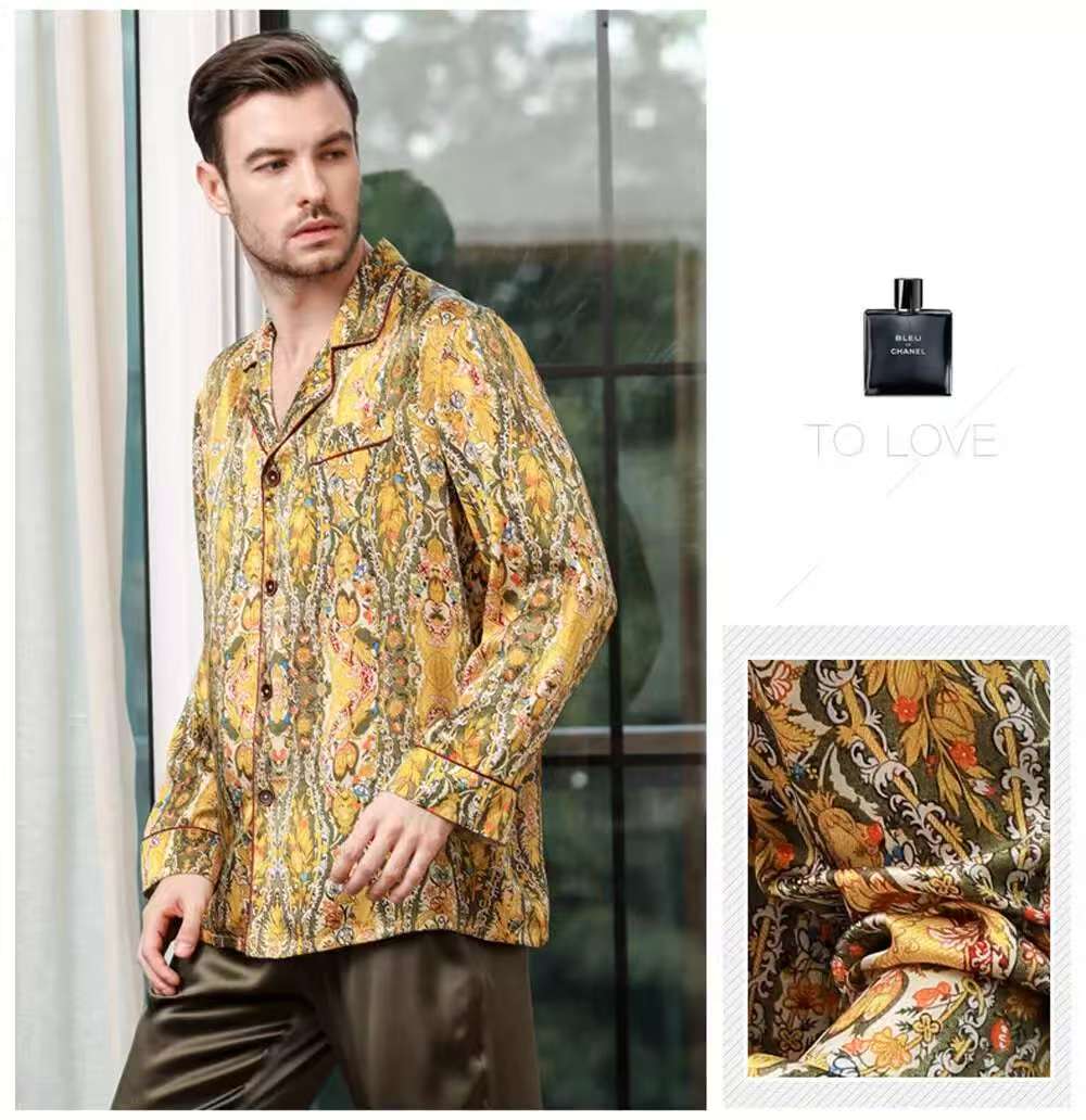 Men's 19MM 100% Pure Mulberry Silk Pajamas Set Print Silk Sleepwear Gold M L XL