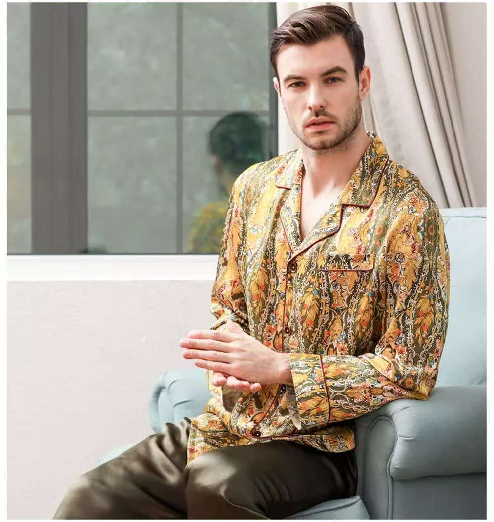 Men's 19MM 100% Pure Mulberry Silk Pajamas Set Print Silk Sleepwear Gold M L XL