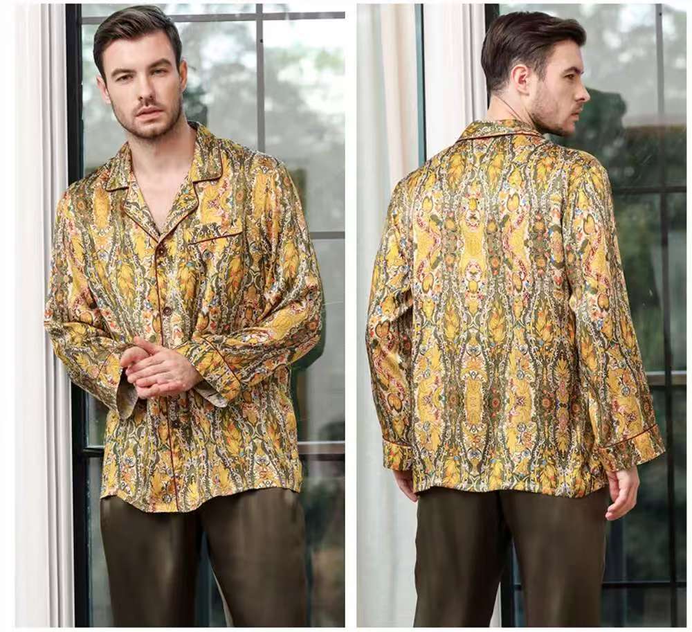 Men's 19MM 100% Pure Mulberry Silk Pajamas Set Print Silk Sleepwear Gold M L XL