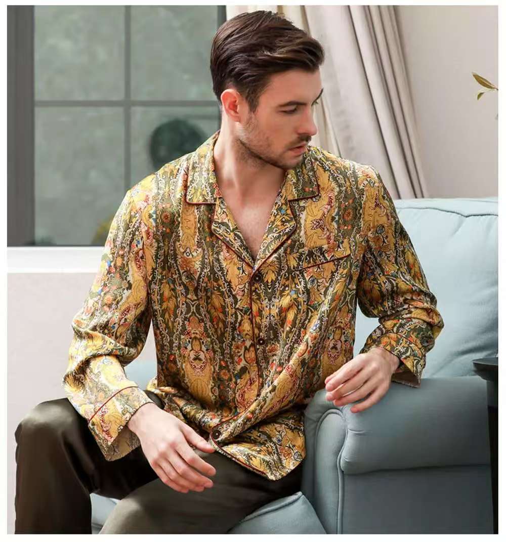 Men's 19MM 100% Pure Mulberry Silk Pajamas Set Print Silk Sleepwear Gold M L XL