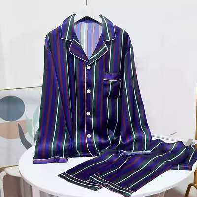 Men's 100% Mulberry Silk Striped Pajamas Set Long Sleeves Silk Sleepwear Purple S M L