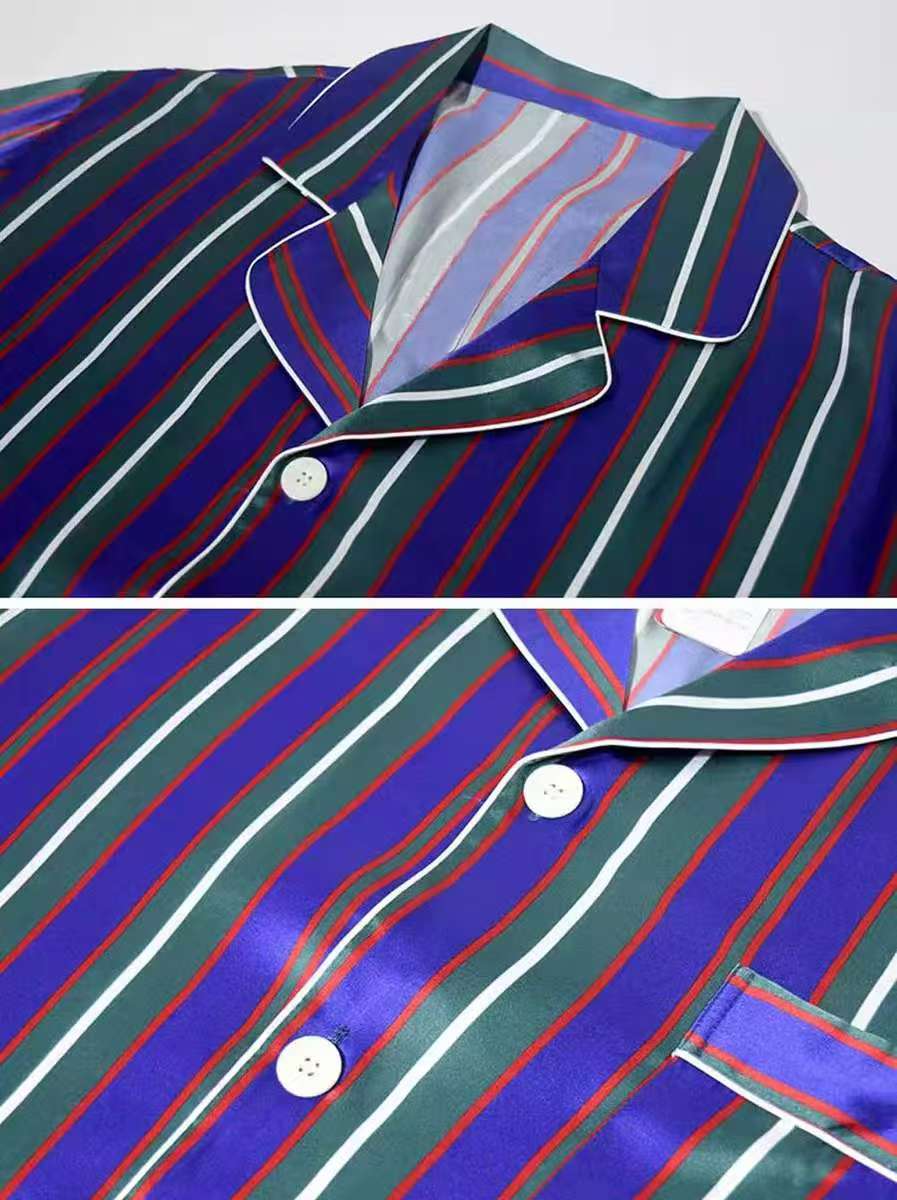 Men's 100% Mulberry Silk Striped Pajamas Set Long Sleeves Silk Sleepwear Purple S M L