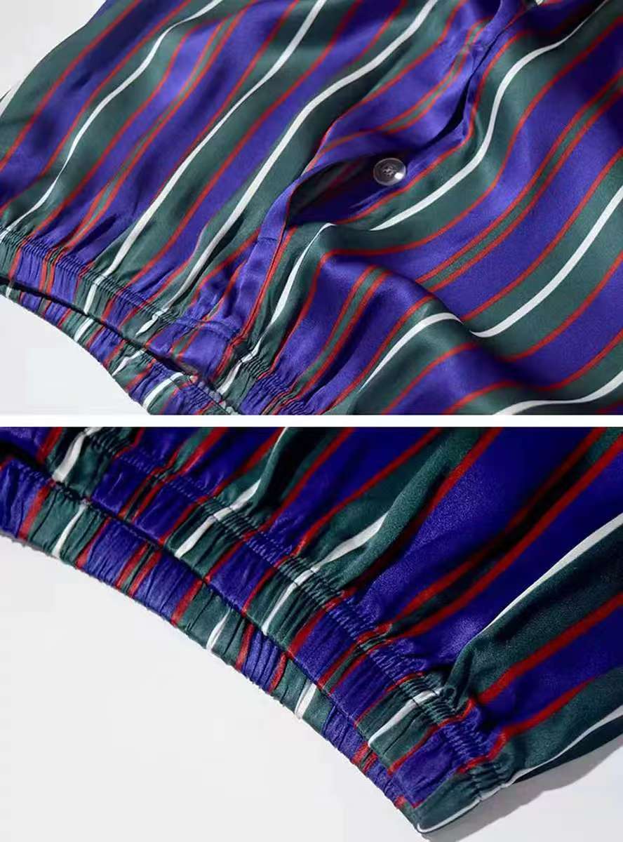 Men's 100% Mulberry Silk Striped Pajamas Set Long Sleeves Silk Sleepwear Purple S M L