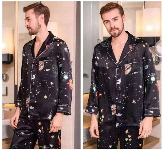 Men's 100% Pure Mulberry Silk Pajamas Set Print Silk Sleepwear Black Print S M L